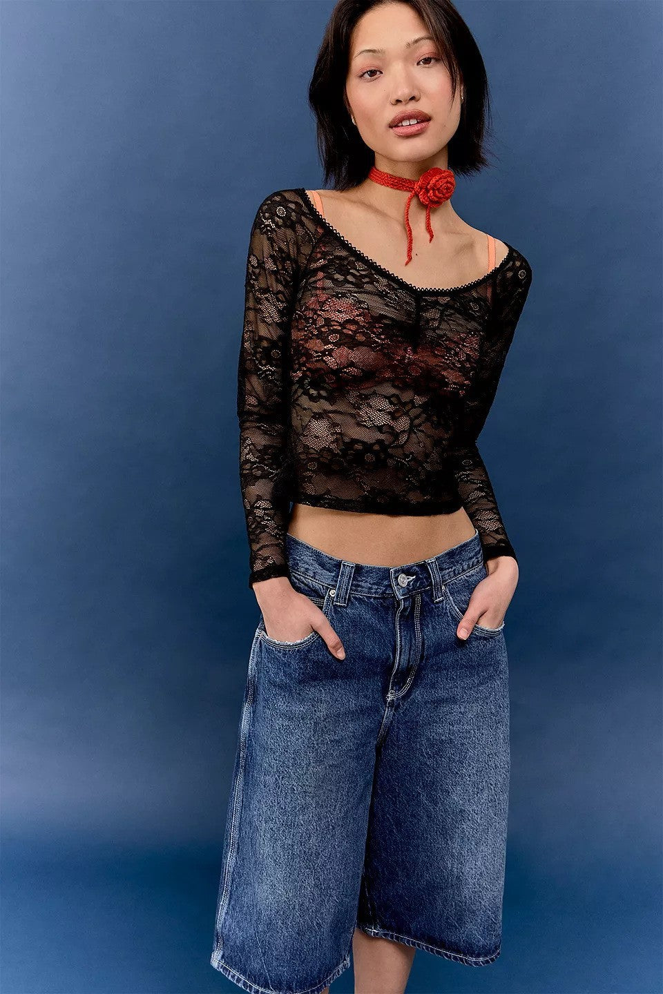 Retro Top Lace See-through V-neck