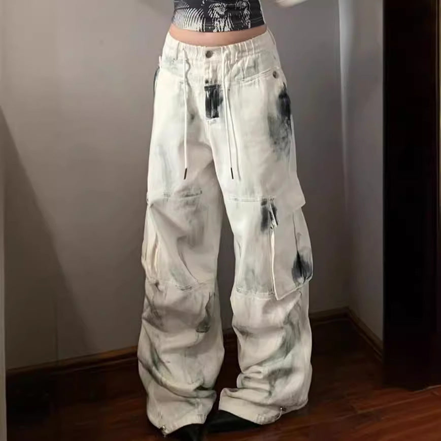 White Graffiti Distressed Cargo Jeans – Y2K Streetwear Wide-Leg Pants Plus Size Washed Brushed Multi-pocket Workwear Jeans For Women