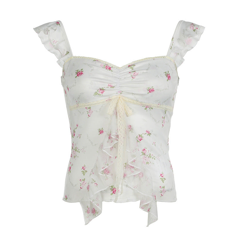 Lace Lace-up Slimming Girl Blouse Short