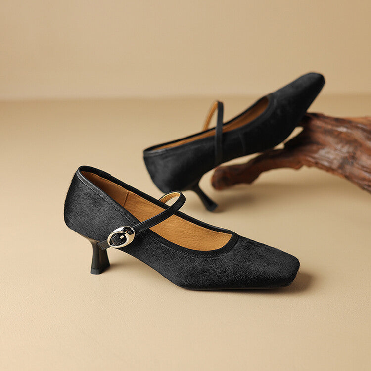 Elegant Mary Jane Heels with Leopard Print or Classic Black Suede Women's Square Toe Stiletto Heel Ankle-strap Shoes Fashionable Retro High Heels