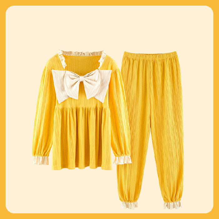 Sweet Ruffled Long Sleeve Pajama Set with Bow Detail Palace Pajamas Women Spring And Autumn Korean Style Cotton Long Sleeves