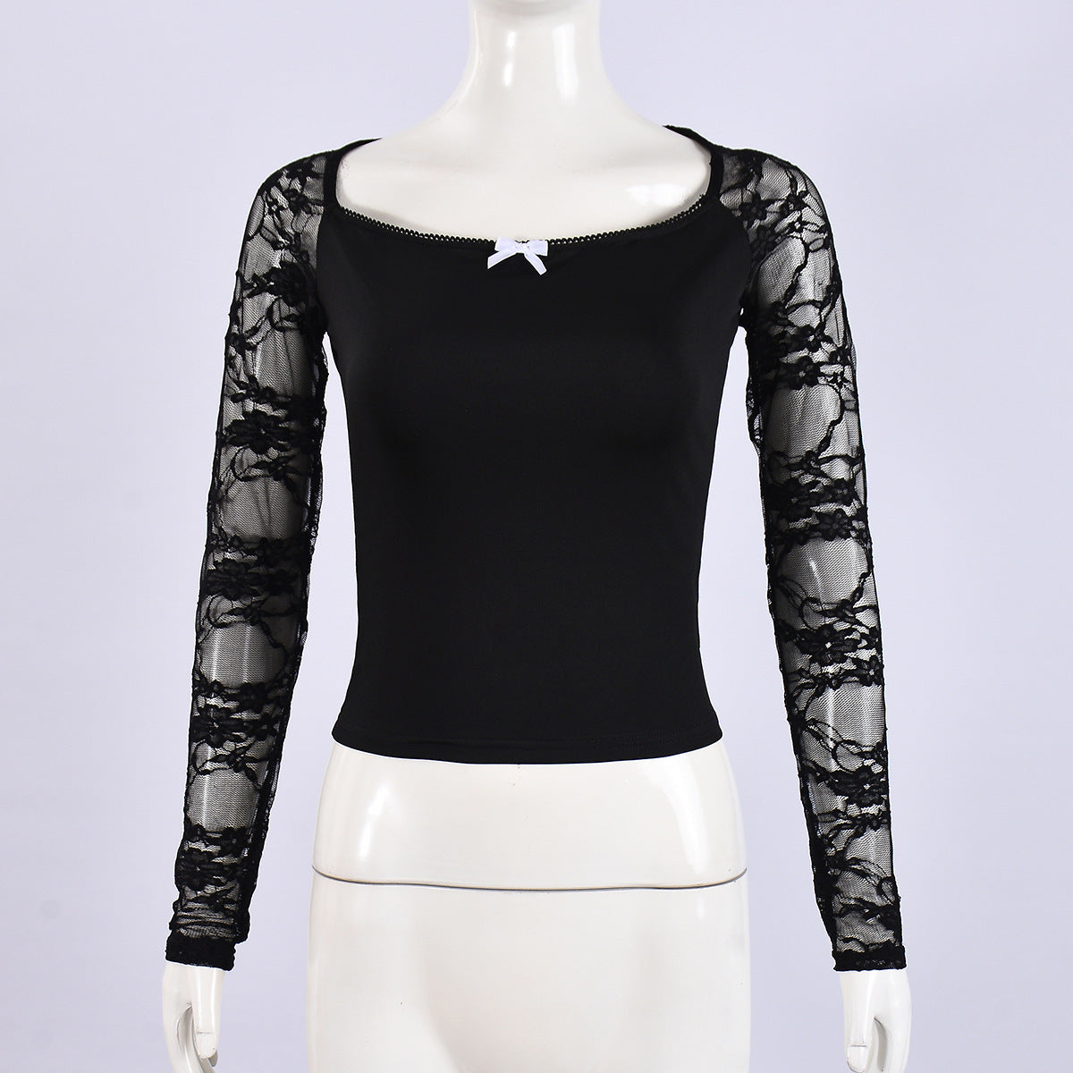 Slim Fit Black Sweetheart/Square Neck Top with Sheer Sleeves Trendy Lace Long Sleeves Cropped Slim Top