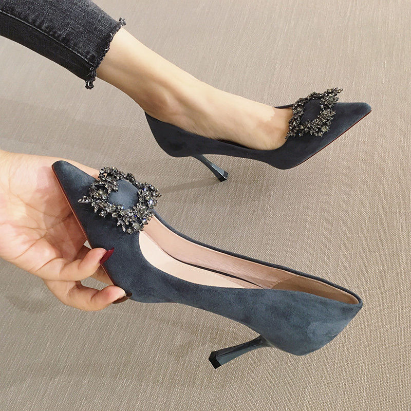 Velvet Jeweled High Heels – Elegant Crystal Buckle Pumps All-match French Girl With Pointed Sexy Stiletto Heels For Women's