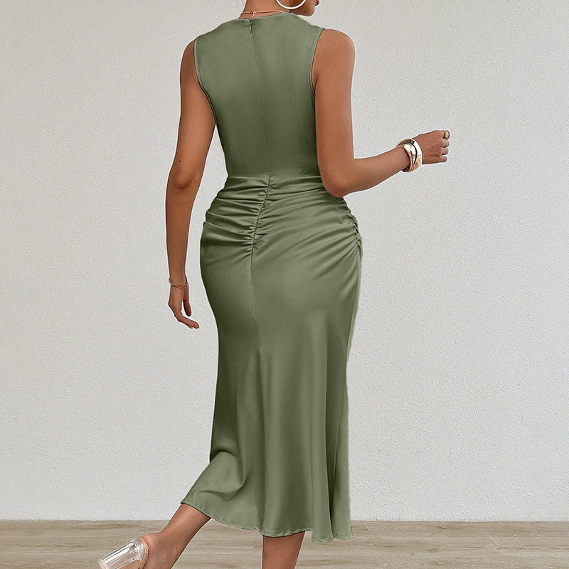 Sleeveless Tank Dress Crew Neck Slim Fit Ruched Bodycon Dress Casual Party Club Dress