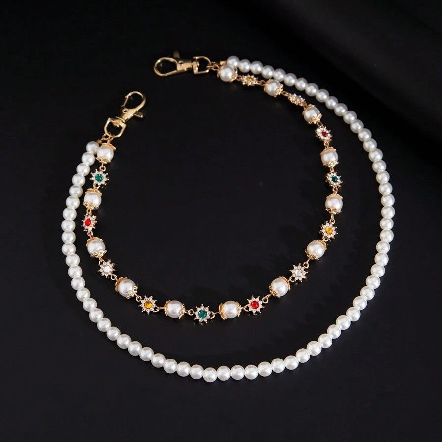 Stylish Pearl & Beaded Jeans Chain Women's Versatile Double Layer Metal Chain