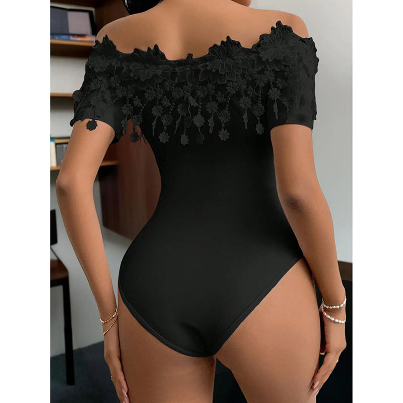 Sexy Ruffled Lace Detail Off-Shoulder One Piece Women's Off Shoulder Short Sleeve Bodysuit Sexy Lace Bodycon Top