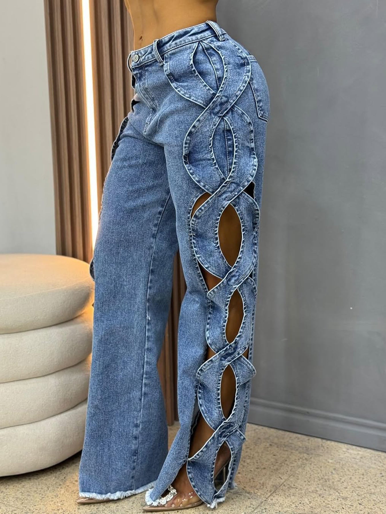 Retro Fashionable Side Hollow S Line Denim Jeans for Women's