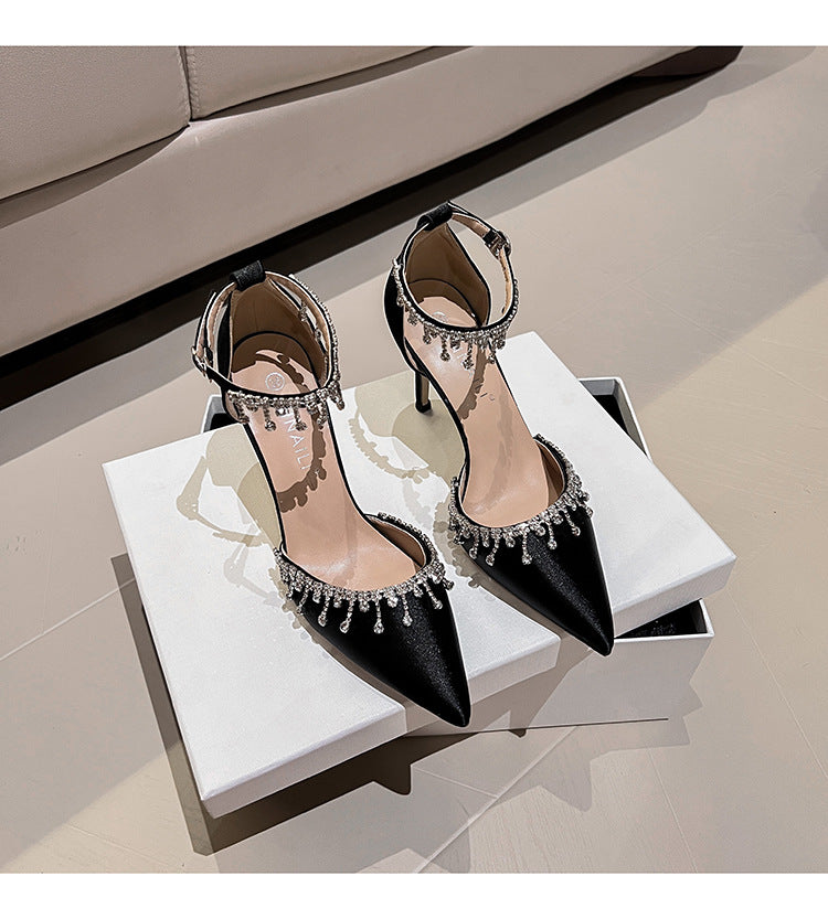 White Satin Strap Tassel Chain High Heels For Women's
