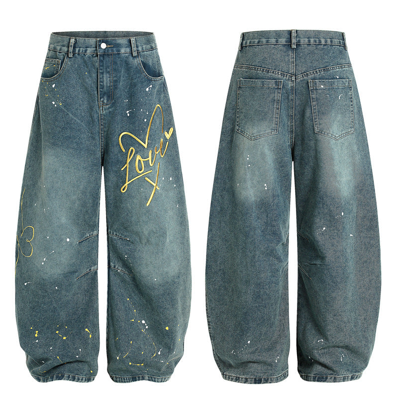 Niche American Retro Splash-ink Embroidered Machete Jeans