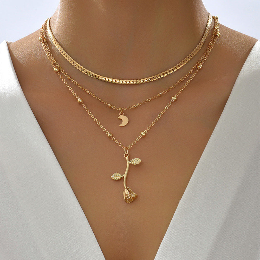 Bohemia Multilayer Moon Gold Color Pendant Necklaces For Women Rose Flower Choker Necklace