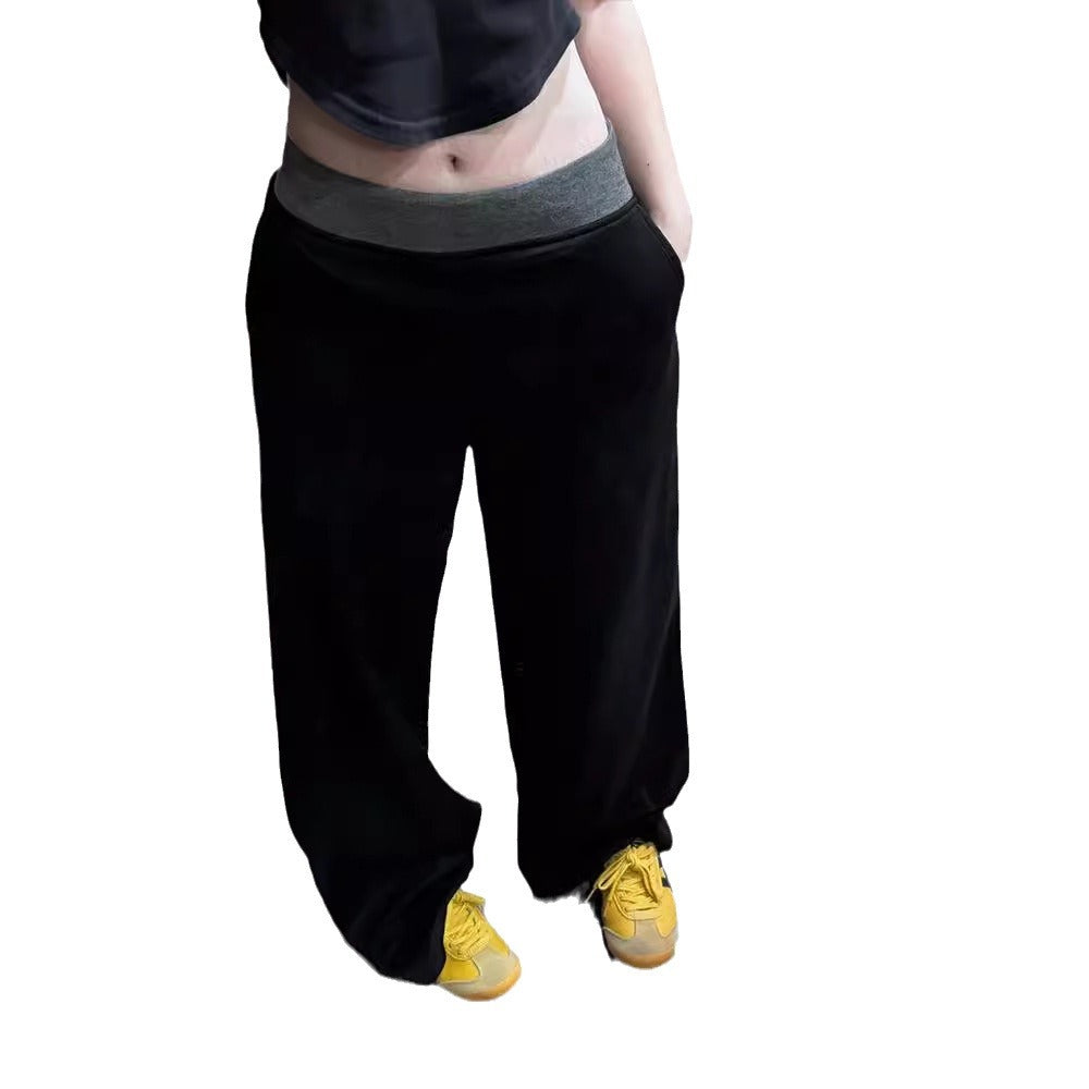 Off-Duty Fold over Lounge Pants American Street Stitching Contrast Color Wide-leg Pants Sports Pants
