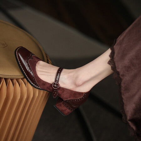 Classic Retro Strap Chunky Heel Shoes Square Toe Chunky Heel Vintage Engraving Mary Jane Shoes Women