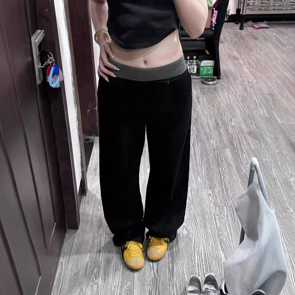 Off-Duty Fold over Lounge Pants American Street Stitching Contrast Color Wide-leg Pants Sports Pants
