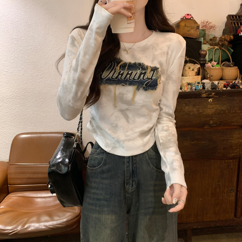 Retro Denim Patch T-shirt Women's Long-sleeved Short Top