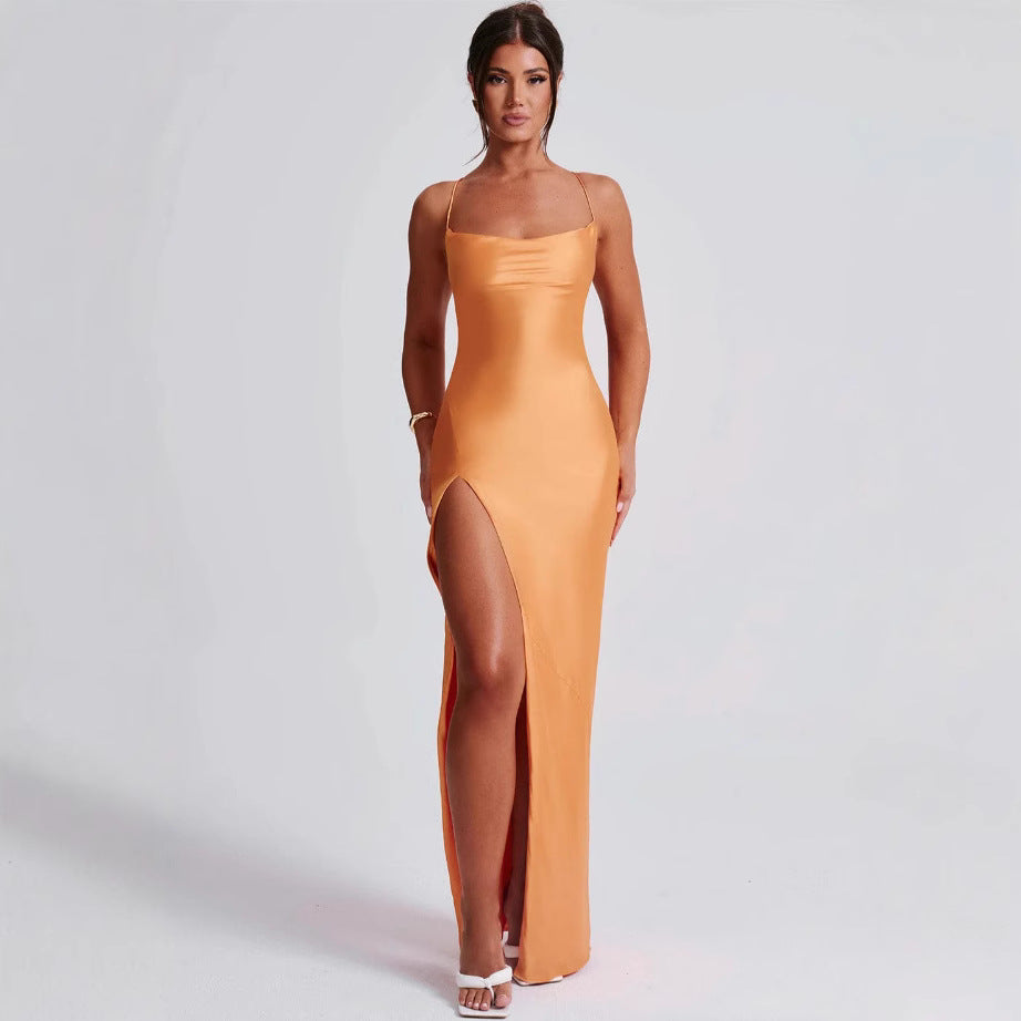 Cowl Neck Satin Maxi Dress with Thigh Slit Premium Satin Sleeveless Sexy Backless Lace Up Dress