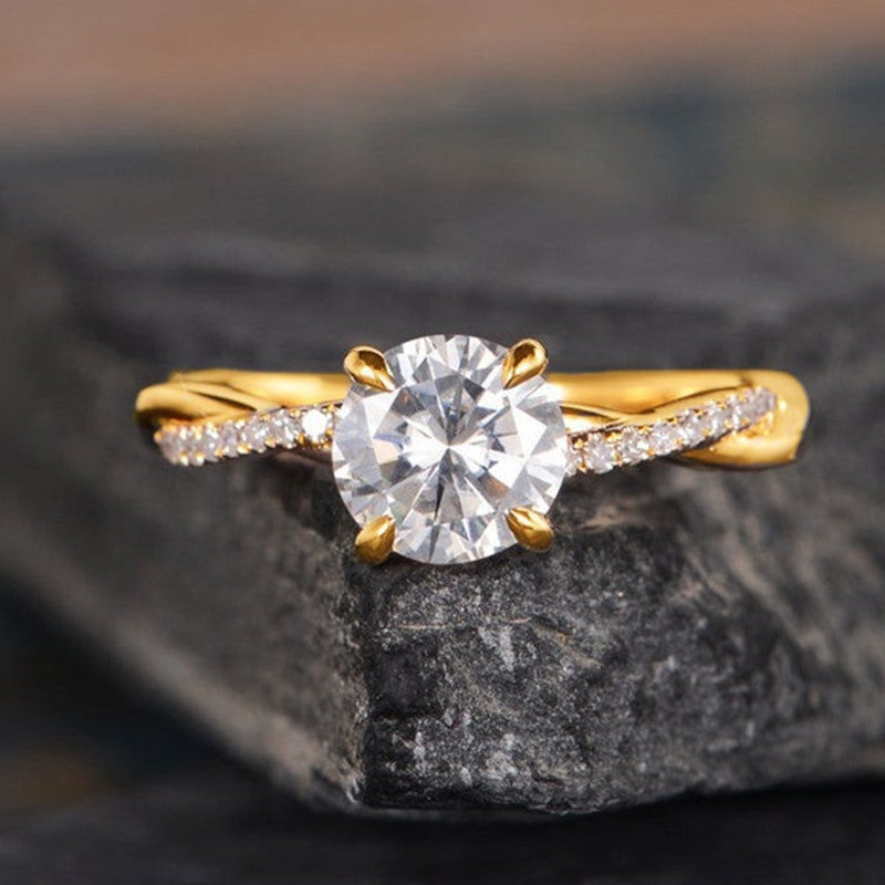 Promise Ring with Crystal Stone & Micro Pave Swirl Design European And American Simple Plated 18K Gold Ring