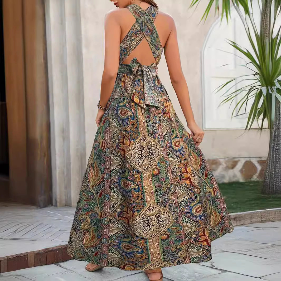 Graceful And Fashionable High Waist Bohemian Backless Dress For Women's