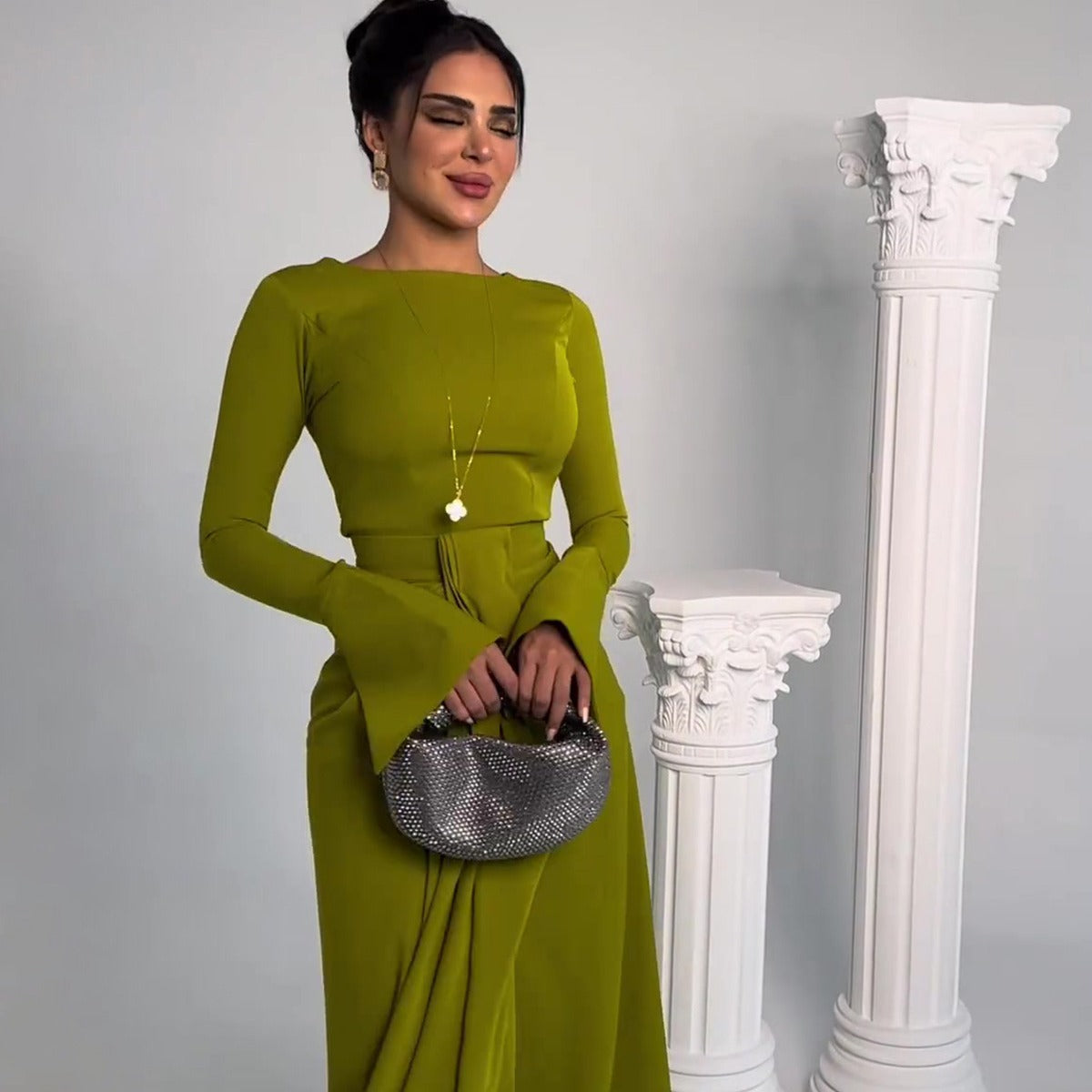 Elegant Olive Green Long Sleeve Maxi Dress | Modest & Chic Graceful Satin Banquet Long Dress