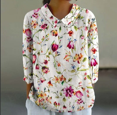 Floral Print Linen Shirt– Casual Long Sleeve Button-Up Shirt Retro Chinese Style For Women's