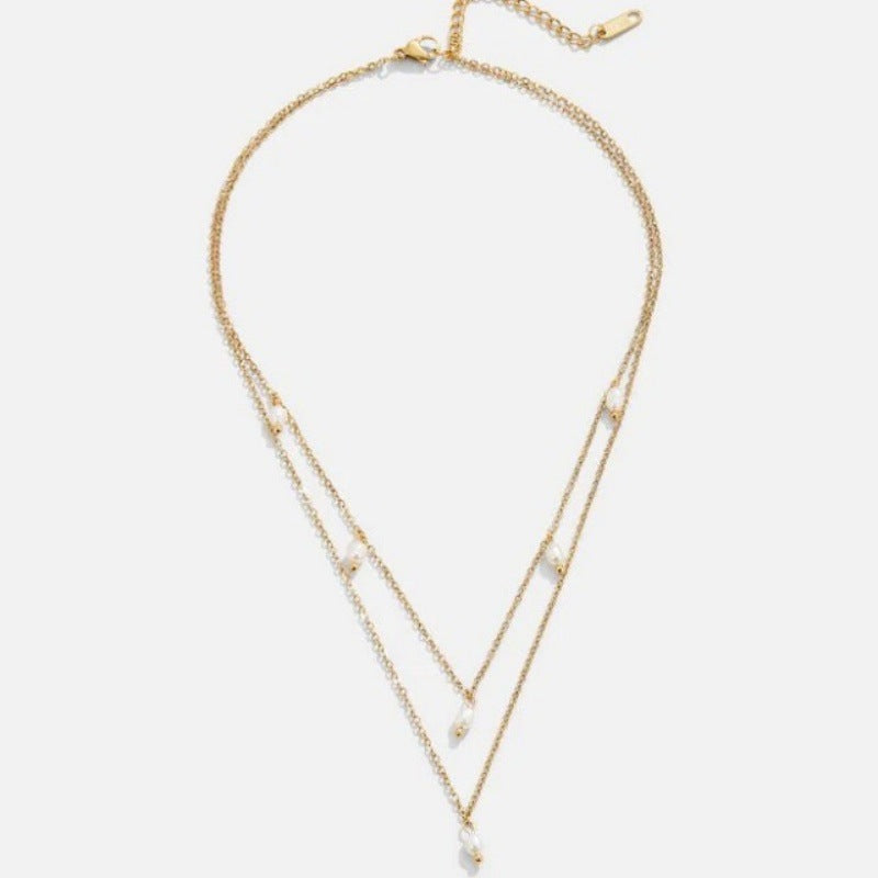 Gold Layered Pearl Charm Necklace – Double Chain Elegant Minimalist Jewelry 18K Gold-plated Natural Pearl Double-layer Twin Necklace
