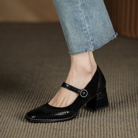 Classic Retro Strap Chunky Heel Shoes Square Toe Chunky Heel Vintage Engraving Mary Jane Shoes Women