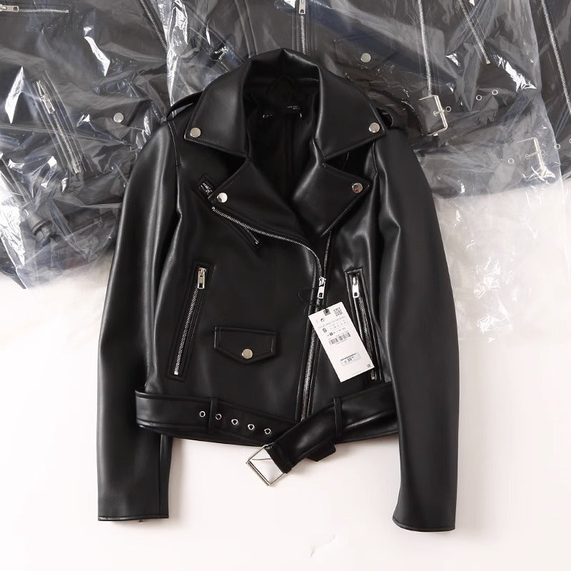 Black PU Leather Zip Jacket For Women's