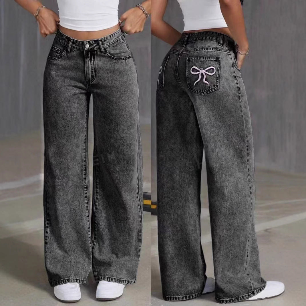 Y2K Bow Embroidered Wide-Leg Jeans – Vintage Black Wash Streetwear Denim Embroidered Jeans High Waist Straight Loose Casual Trousers Women