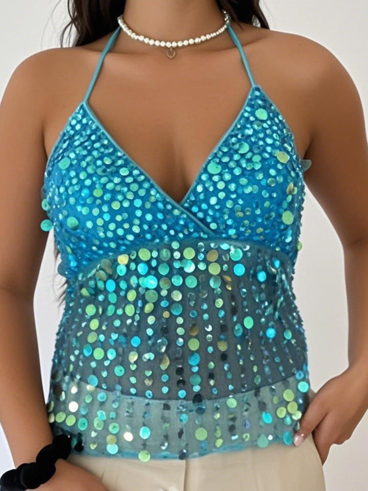 Dopamine Sequined Suspender Deep V Strap Top For Women's