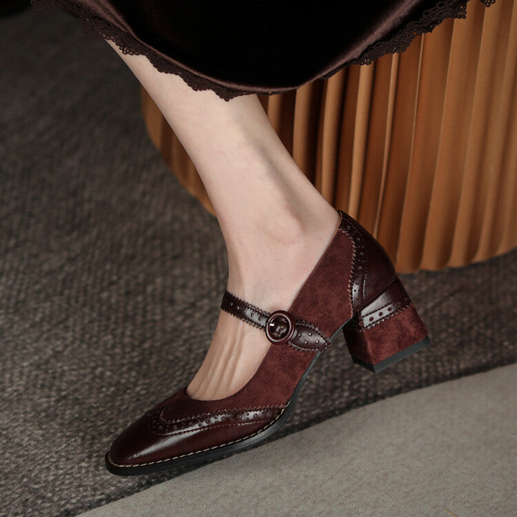 Classic Retro Strap Chunky Heel Shoes Square Toe Chunky Heel Vintage Engraving Mary Jane Shoes Women