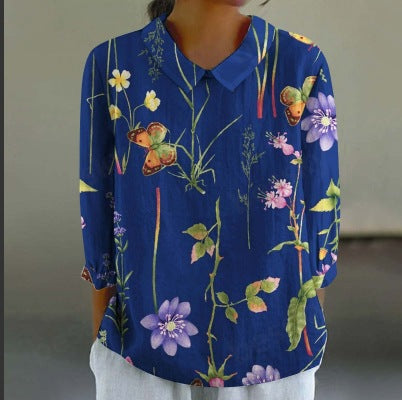 Floral Print Linen Shirt– Casual Long Sleeve Button-Up Shirt Retro Chinese Style For Women's