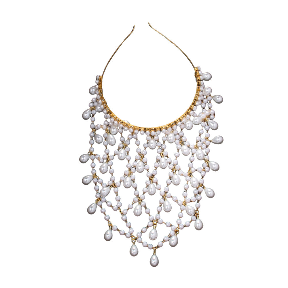 Crystal & Pearl Drape Headband / Hair Jewelry Bohemian Fashion Retro Mesh Hat Headband