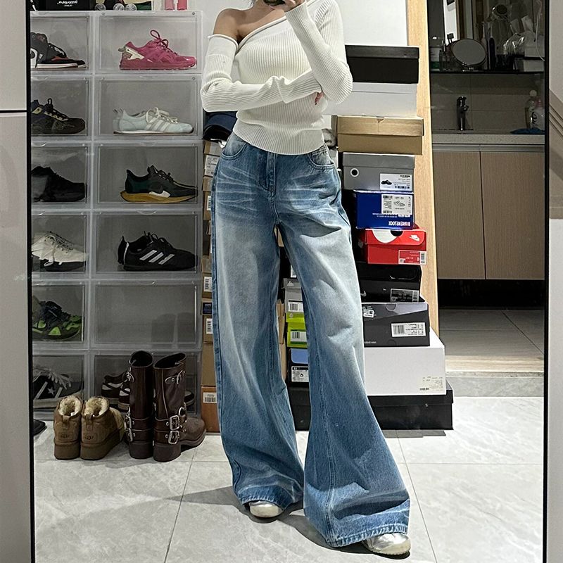 High-Waisted Light Wash Wide-Leg Jeans – Casual Everyday Denim Retro Washed High Waist Wide Leg Jeans For Women Baggy Straight Trousers