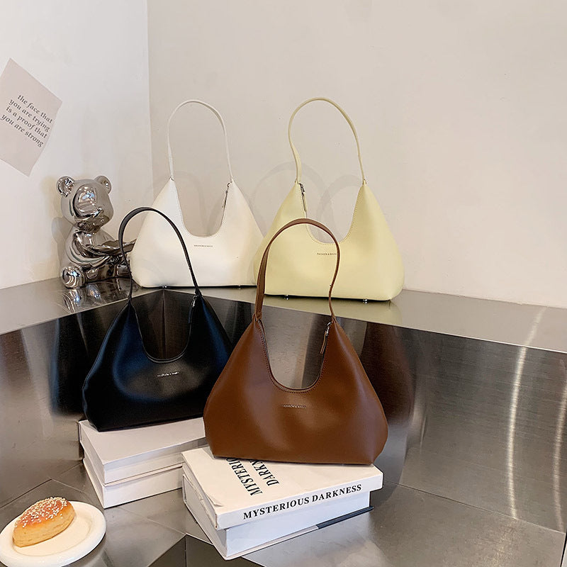 Elegant Solid Color Half Moon Handbag French European And American Retro Simplicity Shoulder Handbag