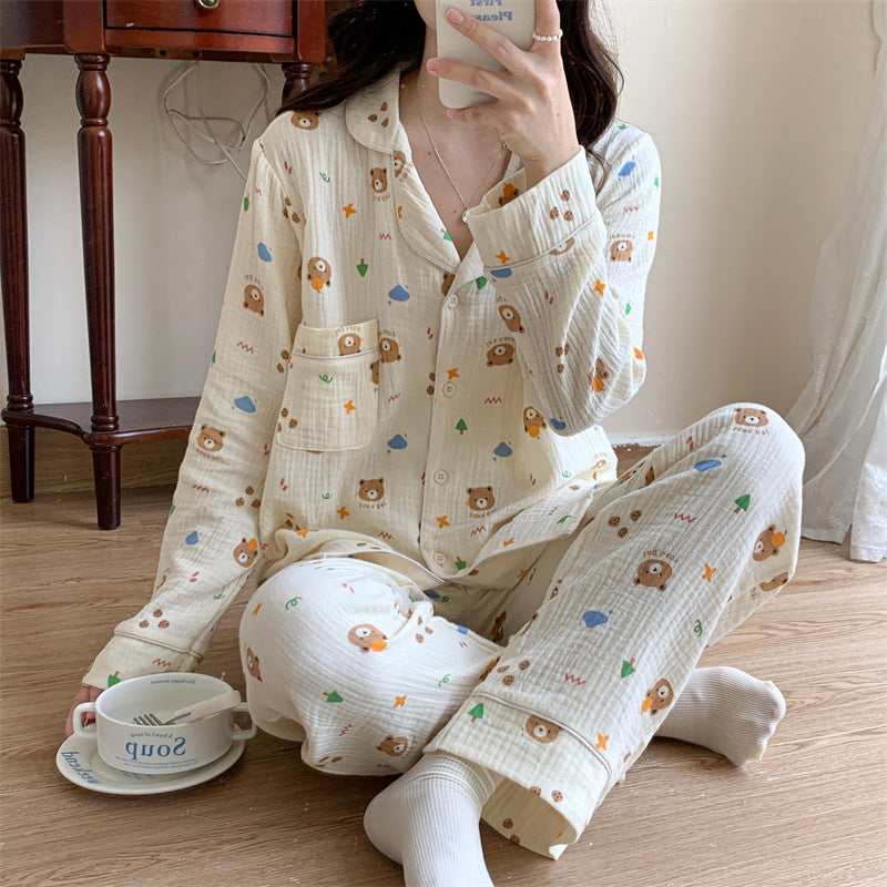 Cute & Cozy Animal/Character Print Pajama Set Pure Cotton Cartoon Long-sleeved Pajamas Set Letter Bear Homewear For Women