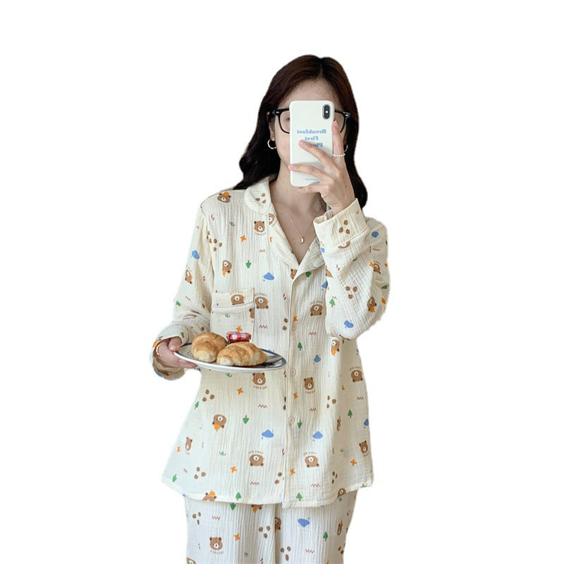 Cute & Cozy Animal/Character Print Pajama Set Pure Cotton Cartoon Long-sleeved Pajamas Set Letter Bear Homewear For Women