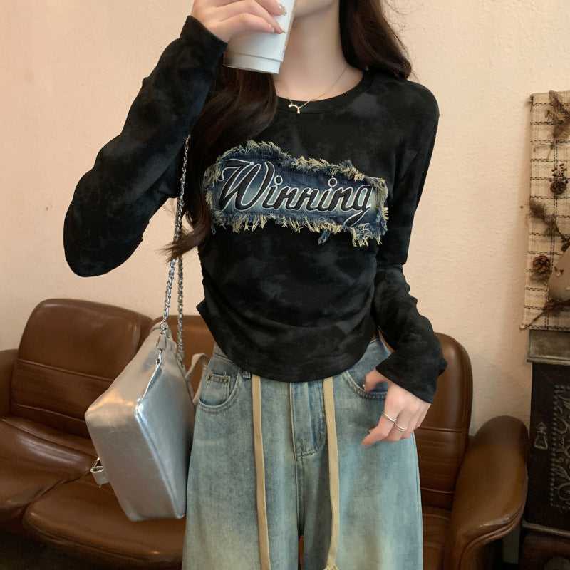 Retro Denim Patch T-shirt Women's Long-sleeved Short Top
