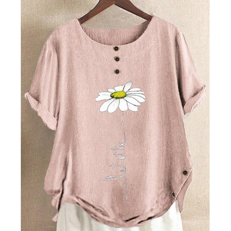 New European And American Loose Round Neck Print Button Top Women's Summer