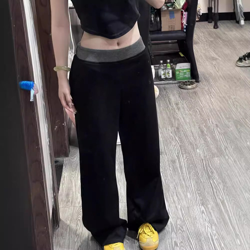 Off-Duty Fold over Lounge Pants American Street Stitching Contrast Color Wide-leg Pants Sports Pants