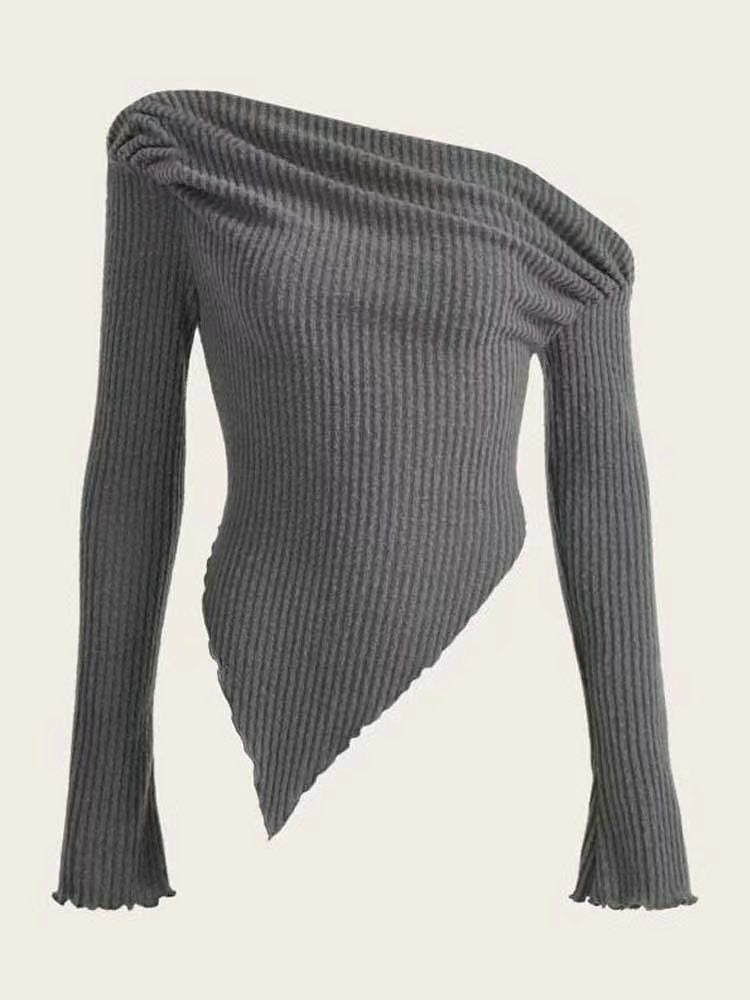 Long Sleeve Mock Neck/Off-Shoulder Ribbed Crop Top Sexy Lace Thick Long Sleeved T-shirt Knitted Sweater