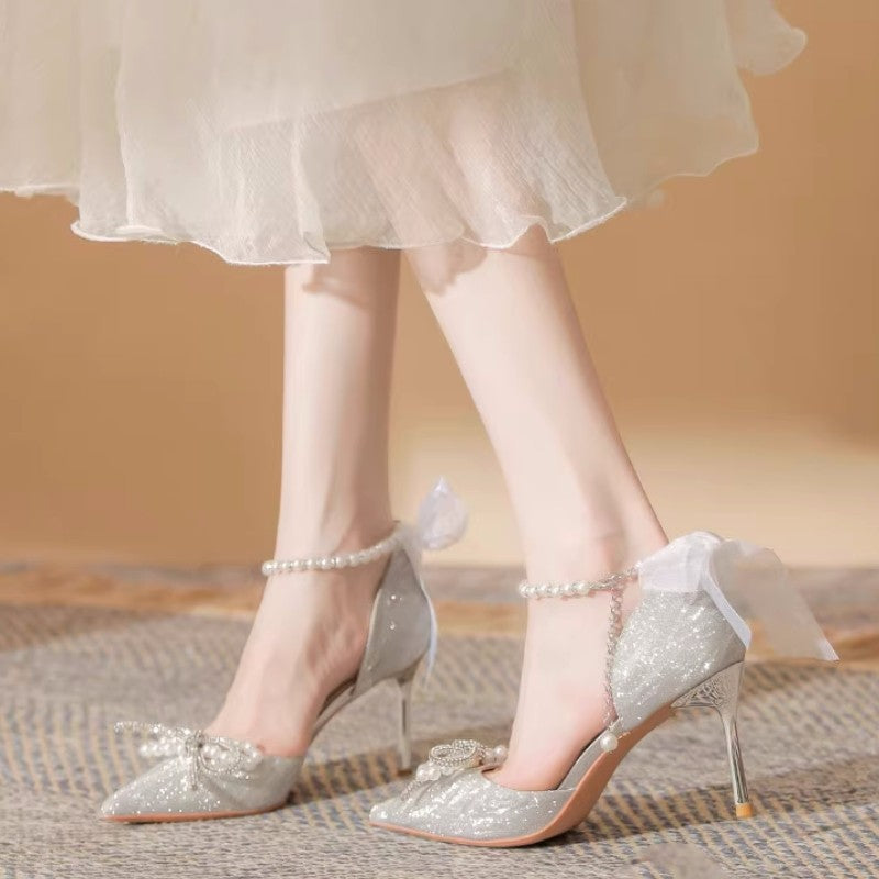 Sparkly Ankle Strap High Heels with Ribbon Bow | Bridal & Party Shoes Bow Pointed Heel Sandals