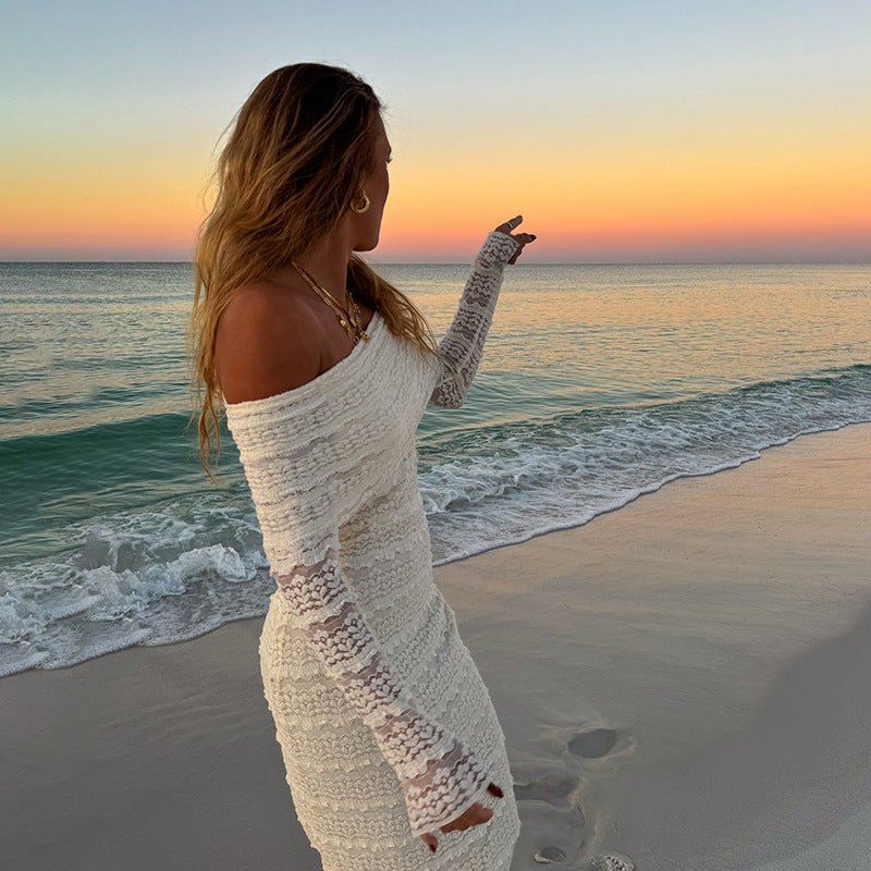 Amazon New Fashionable Elegant Socialite Style Off-shoulder Lace Dress Women
