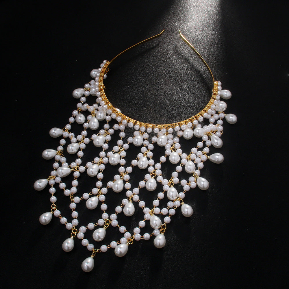 Crystal & Pearl Drape Headband / Hair Jewelry Bohemian Fashion Retro Mesh Hat Headband