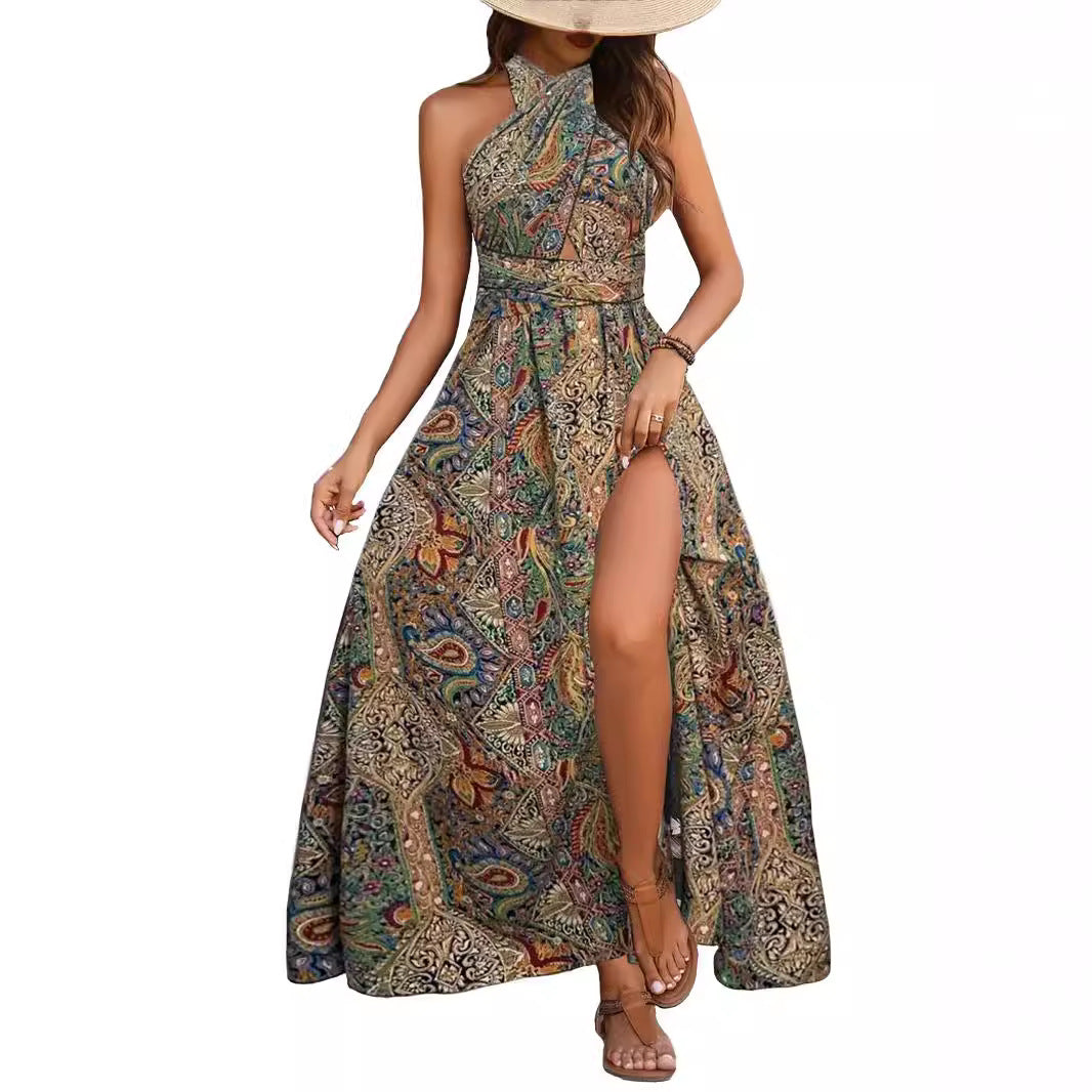 Graceful And Fashionable High Waist Bohemian Backless Dress For Women's