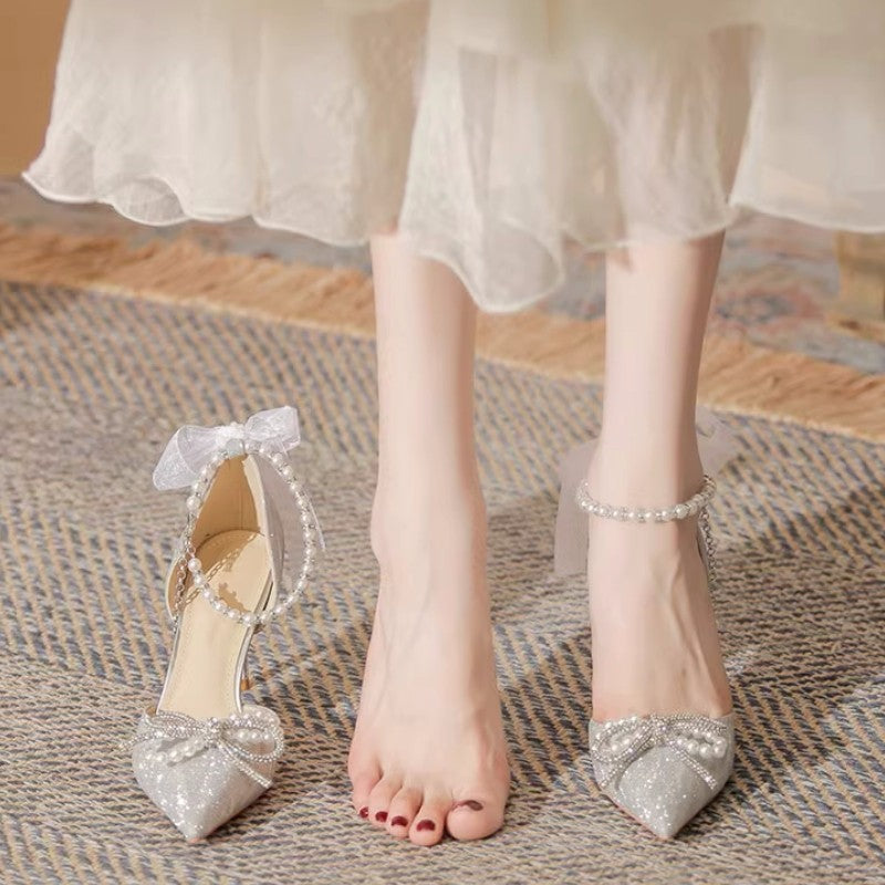 Sparkly Ankle Strap High Heels with Ribbon Bow | Bridal & Party Shoes Bow Pointed Heel Sandals