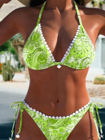 Boho Bliss – Vibrant Prints & Flirty Pom Pom Trim for the Ultimate Beach Look Women's Bikini Split Swimsuit Printed Tether