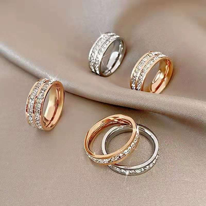 Dazzling Wide Band Crystal Eternity Ring - Multi-Tone Options Simple Student Double Single Row Square Diamond Ring