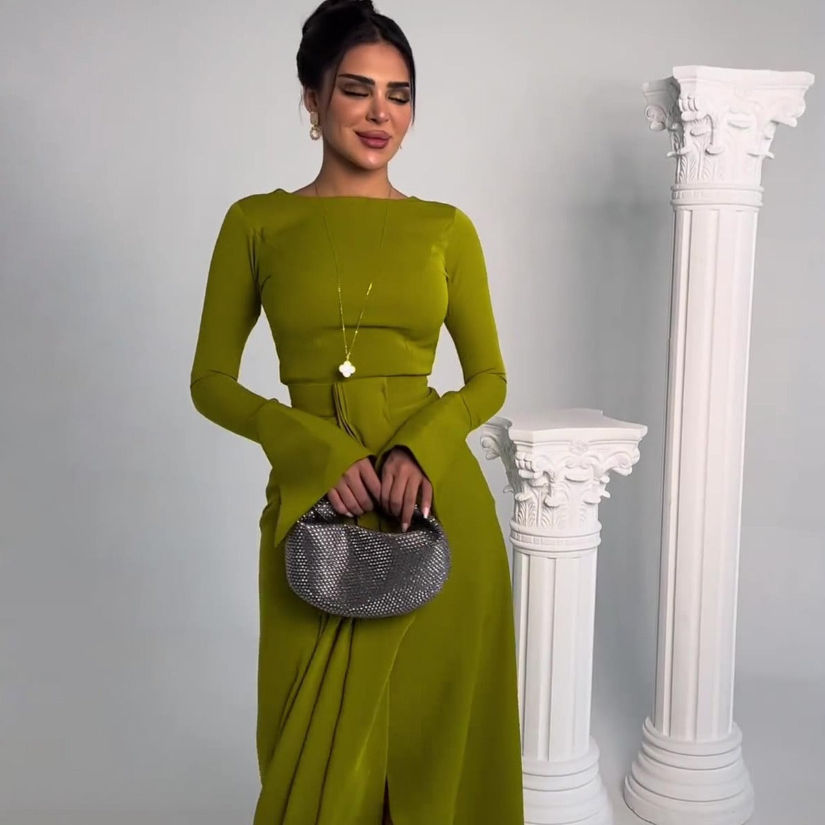 Elegant Olive Green Long Sleeve Maxi Dress | Modest & Chic Graceful Satin Banquet Long Dress