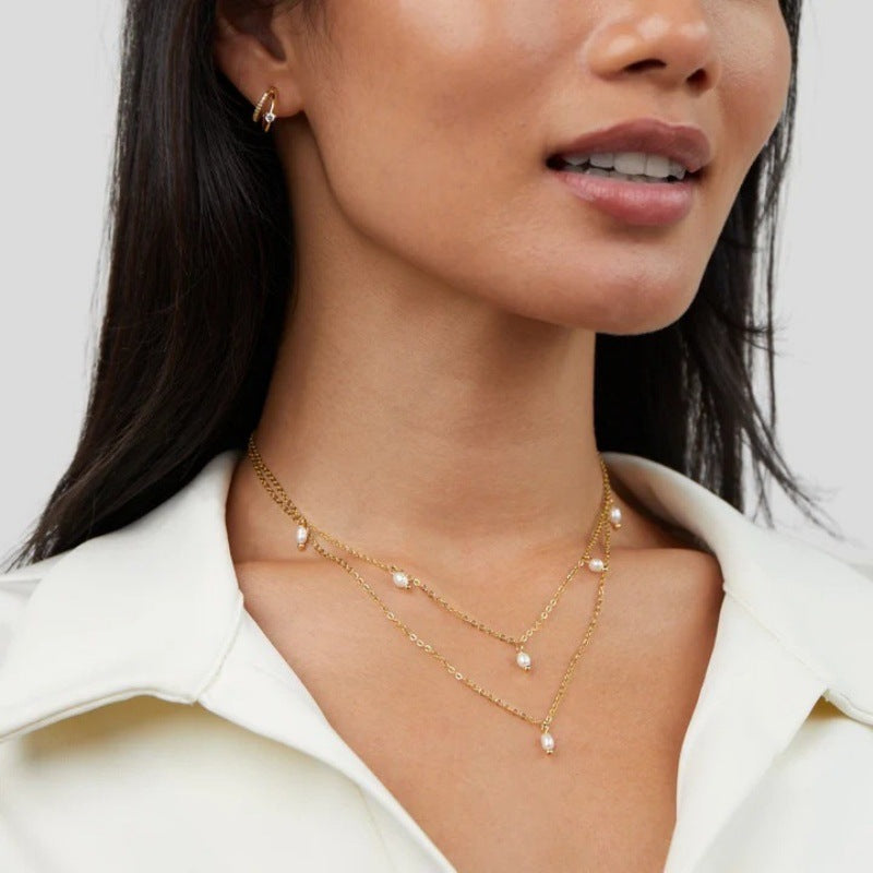 Gold Layered Pearl Charm Necklace – Double Chain Elegant Minimalist Jewelry 18K Gold-plated Natural Pearl Double-layer Twin Necklace