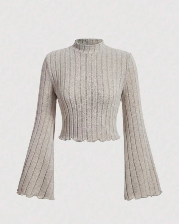 Long Sleeve Mock Neck/Off-Shoulder Ribbed Crop Top Sexy Lace Thick Long Sleeved T-shirt Knitted Sweater