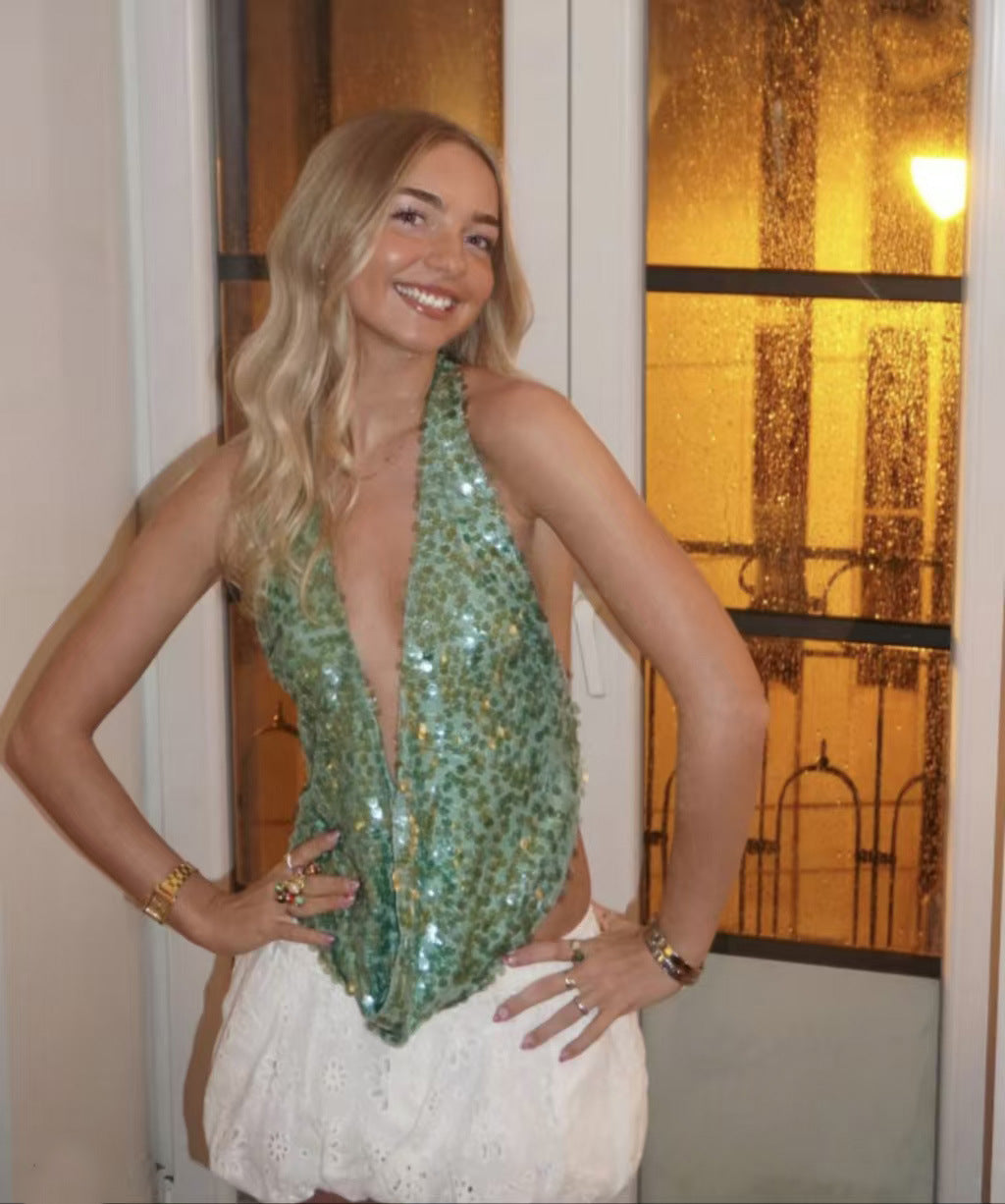 Sparkling Sequin Cowl Neck Halter Top Deep V Sequins Halter Spaghetti Straps Backless Vacation Style